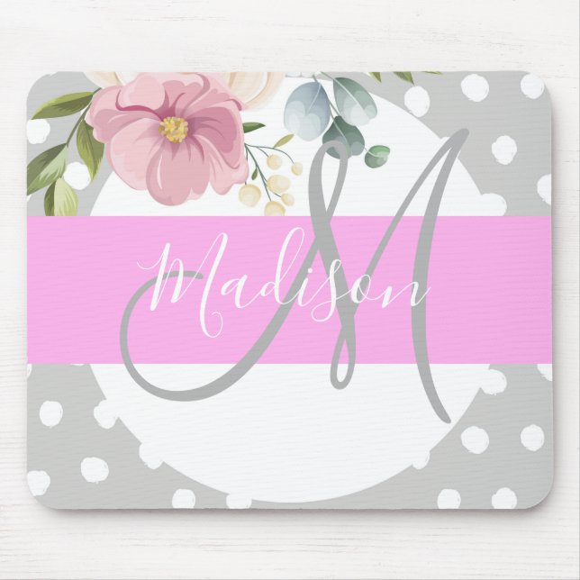 Chic & Girly Floral White Pink Gray Monogram Name Mouse Pad (Front)