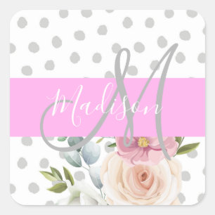 Chic & Girly Floral White Pink Gray Monogram Name Square Sticker