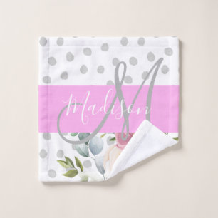 Chic & Girly Floral White Pink Gray Monogram Name Wash Cloth