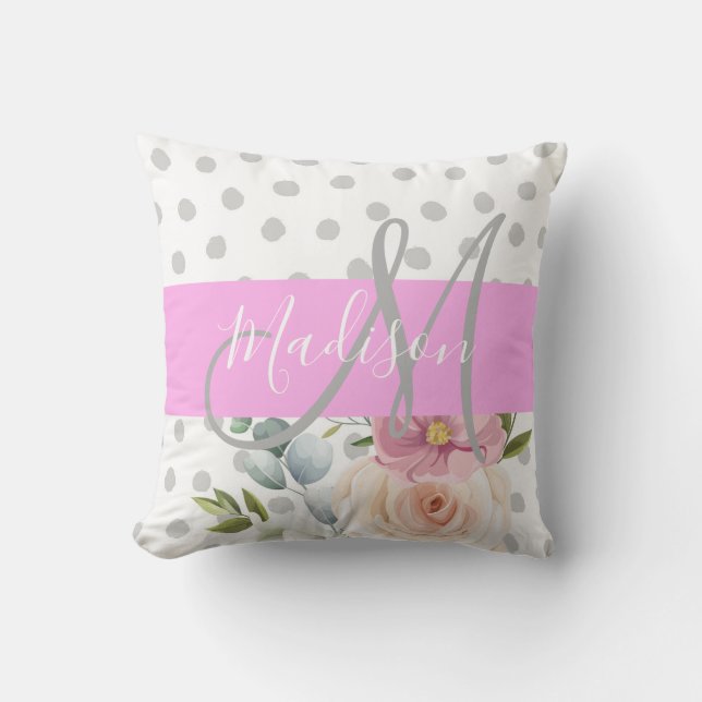 Chic & Girly Floral White Pink Grey Monogram Name Cushion (Front)