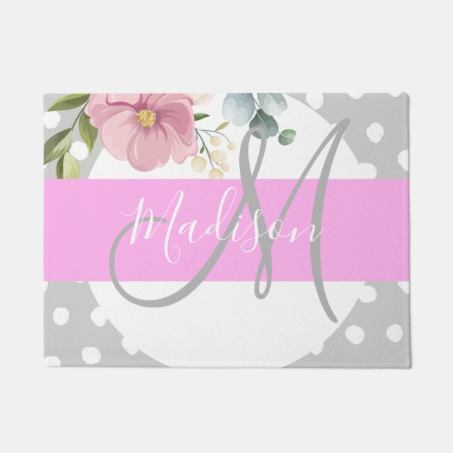 Chic & Girly Floral White Pink Grey Monogram Name Doormat (Front)