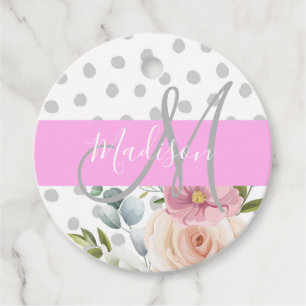 Chic & Girly Floral White Pink Grey Monogram Name Favour Tags