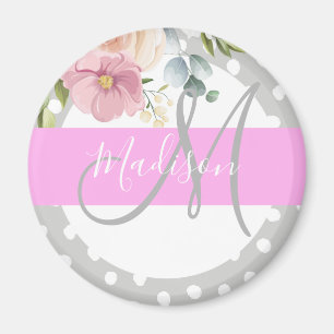 Chic & Girly Floral White Pink Grey Monogram Name Magnet