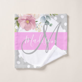 Chic & Girly Floral White Pink Grey Monogram Name Wash Cloth