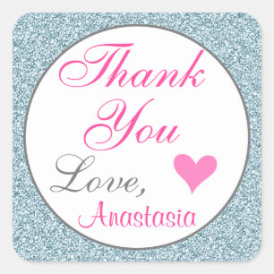 Chic Girly Glam Pink Light Blue Glitter Thank You Square Sticker