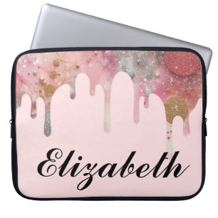 Chic girly glitter drips name pink silver gold laptop sleeve
