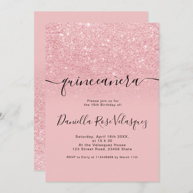 Chic girly glitter sparkles pink ombre quinceanera invitation (Front/Back)