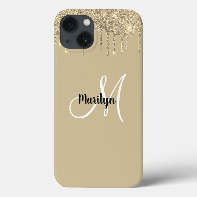 Chic Girly Gold Glitter Drips Monogram Name Design Case-Mate iPhone Case (Back)