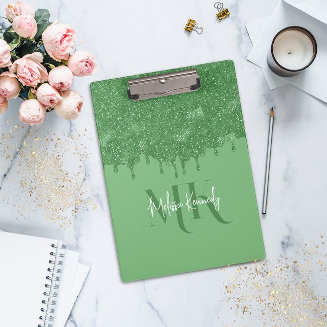 Chic Girly Green Glitter Drips Monogram With Name  Clipboard (Creator Uploaded)