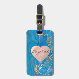 Chic Girly Hearts,Blue Gold Marble - Personalised Luggage Tag