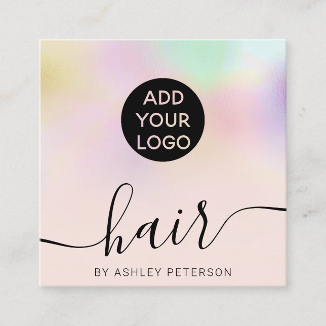 Chic girly holographic ombre blush pink hair logo square business card (Front)
