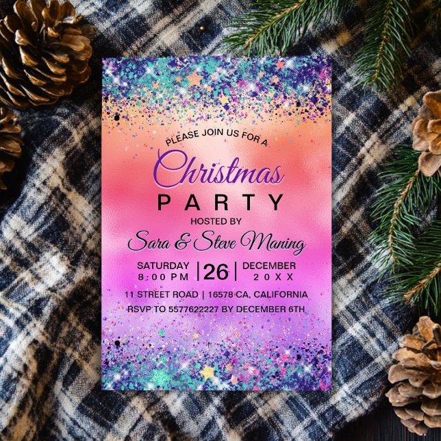 Chic girly iridescent unicorn glitter christmas invitation (Creator Uploaded)