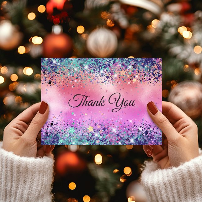 Chic girly iridescent unicorn glitter monogram thank you card (Creator Uploaded)