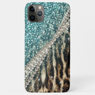 Chic Girly Leopard Print Blue Glitter Case-Mate iPhone Case