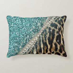 Chic Girly Leopard Print Blue Glitter Decorative Cushion