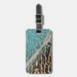 Chic Girly Leopard Print Blue Glitter Luggage Tag