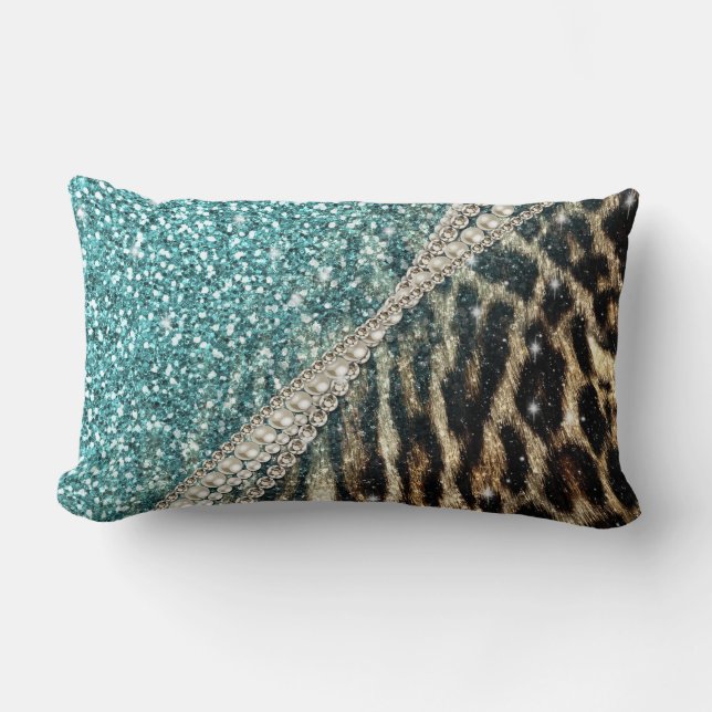 Chic Girly Leopard Print Blue Glitter Lumbar Cushion (Front)
