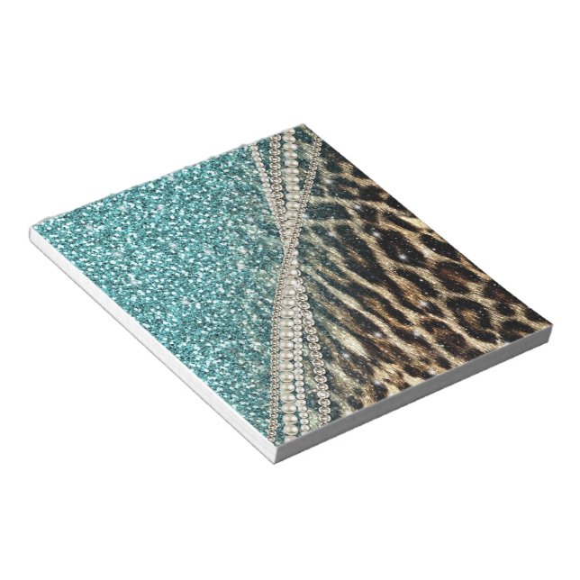 Chic Girly Leopard Print Blue Glitter Notepad (Angled)