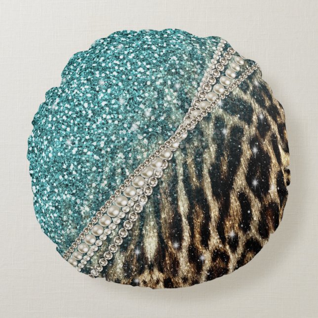 Chic Girly Leopard Print Blue Glitter Round Cushion (Front)