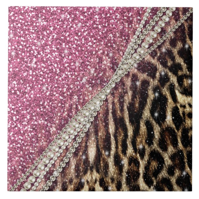 Chic Girly Leopard Print Pink Glitter Tile (Front)