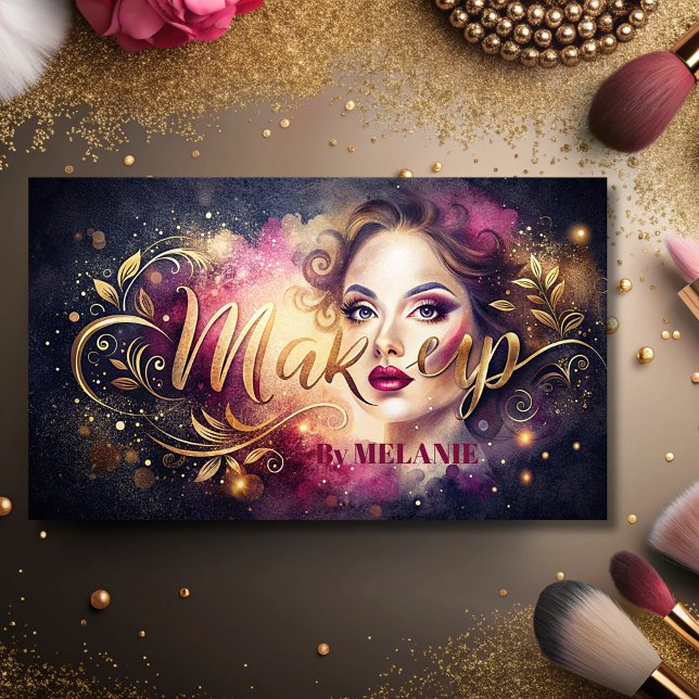 chic girly Makeup Artist pink Modern Gold Script  Business Card (Creator Uploaded)