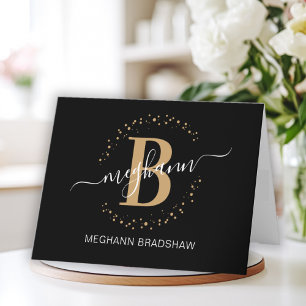Chic Girly Modern Black Gold Name Script Monogram Thank You Card