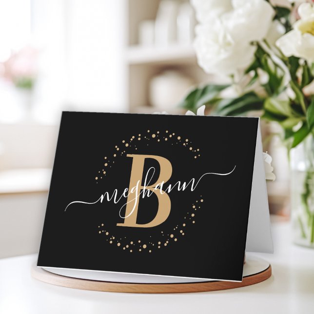 Chic Girly Modern Black Gold Name Script Monogram Thank You Card (Creator Uploaded)