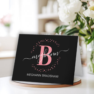 Chic Girly Modern Black Pink Name Script Monogram Thank You Card