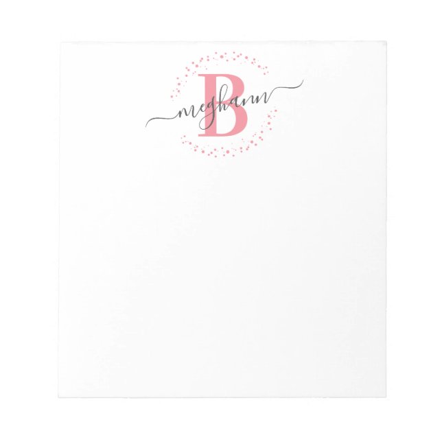 Chic Girly Modern White Pink Name Script Monogram Notepad (Front)