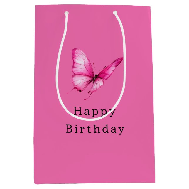 Chic Girly Pink Butterfly Birthday Medium Gift Bag (Front)