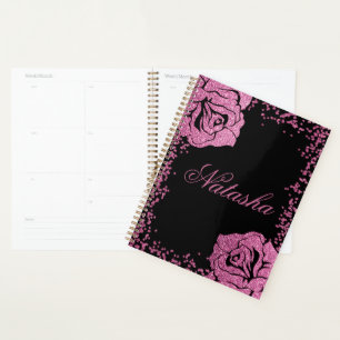 Chic Girly Pink Glitter Rose Black Personalised Planner