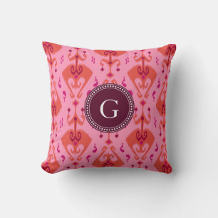 Chic girly pink ikat tribal pattern monogram cushion