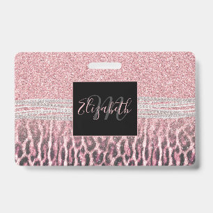 Chic Girly Pink Leopard animal print Glitter Image ID Badge