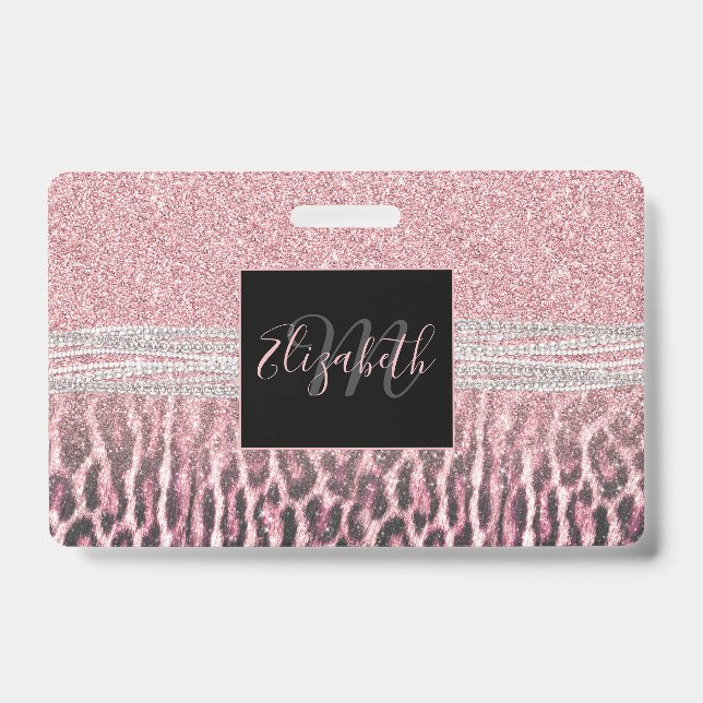 Chic Girly Pink Leopard animal print Glitter Image ID Badge (Front)
