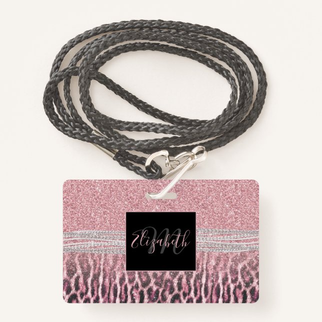 Chic Girly Pink Leopard animal print Glitter Image ID Badge (Front with Lanyard)