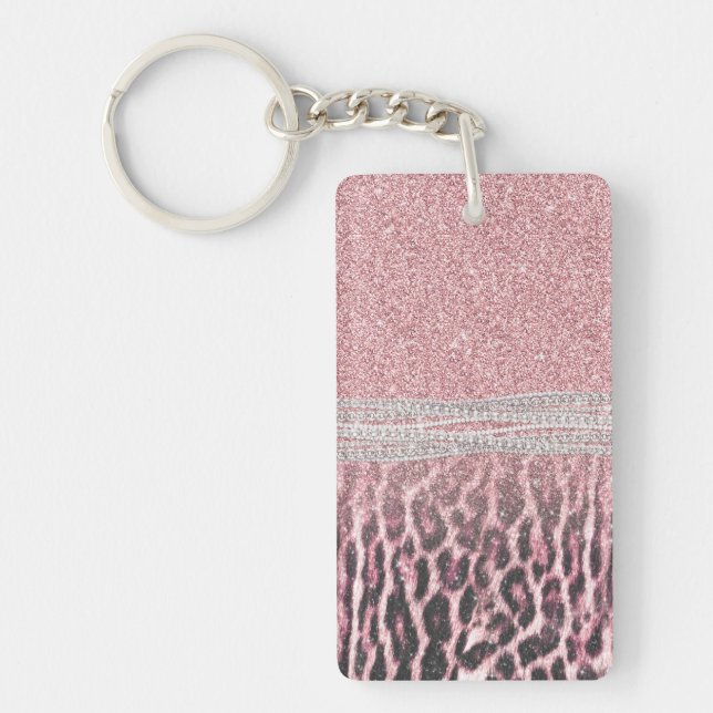 Chic Girly Pink Leopard animal print Glitter Image Key Ring (Front)