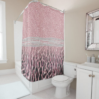 Chic Girly Pink Leopard animal print Glitter Image Shower Curtain