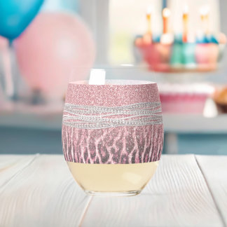 Chic Girly Pink Leopard animal print Glitter Image Stemless Wine Glass