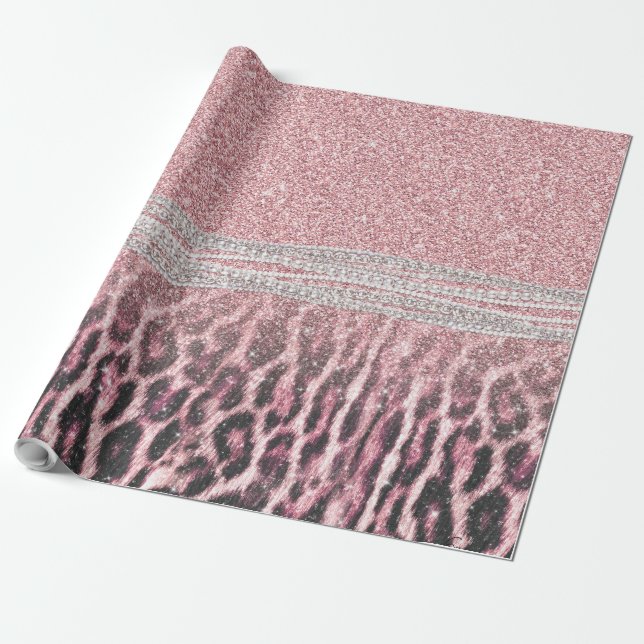 Chic Girly Pink Leopard animal print Glitter Image Wrapping Paper (Unrolled)