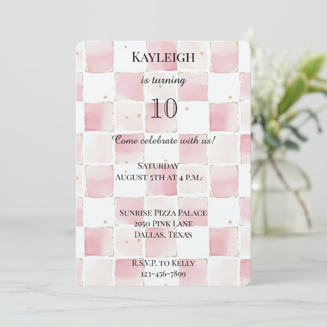 Chic Girly Pink Squares Birthday Invitation (Standing Front)