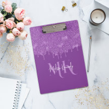 Chic Girly Purple Glitter Drips Monogram & Name