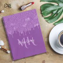 Chic Girly Purple Glitter Drips Monogram & Name