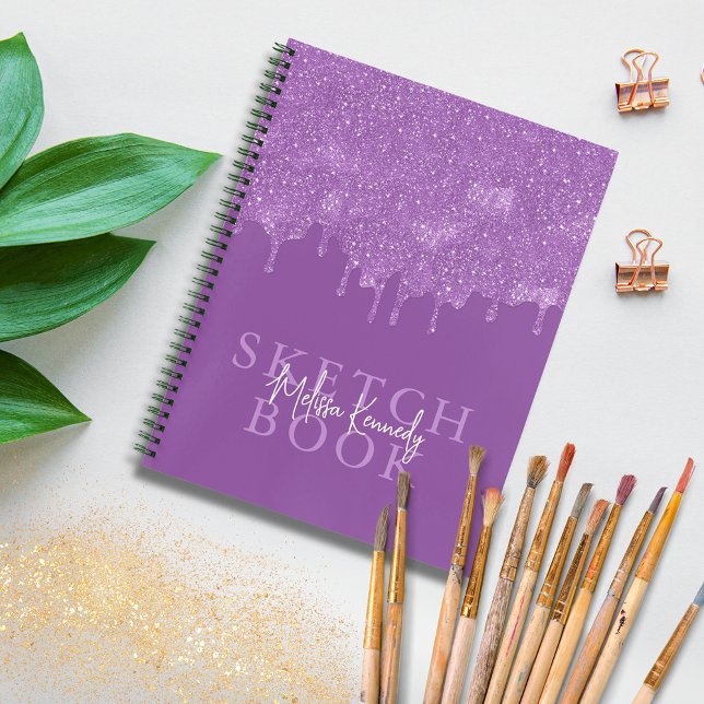 Chic Girly Purple Glitter Drips Monogram & Name Notebook (Creator Uploaded)