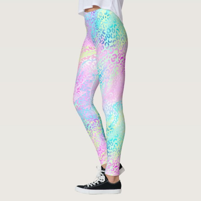 Chic Girly Rainbow Shimmer Leopard Print Leggings (Left)