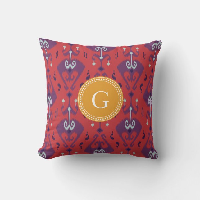Chic girly red ikat tribal pattern monogram cushion (Front)