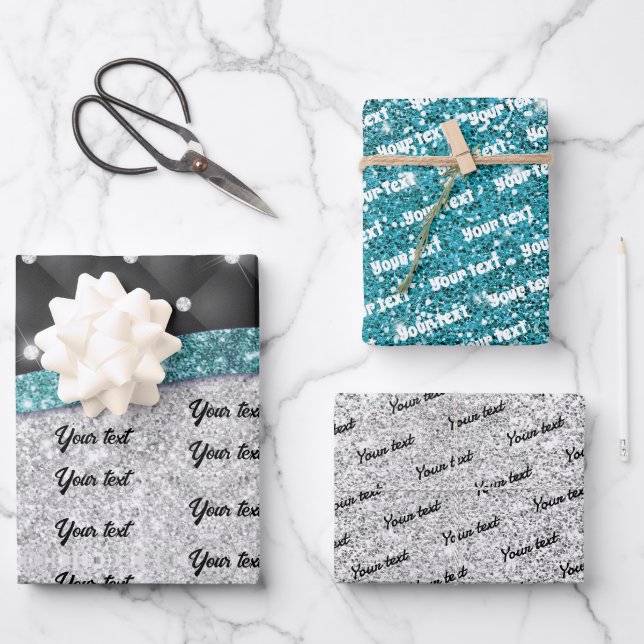 Chic girly Silver glitter black turquoise monogram Wrapping Paper Sheet (Front)