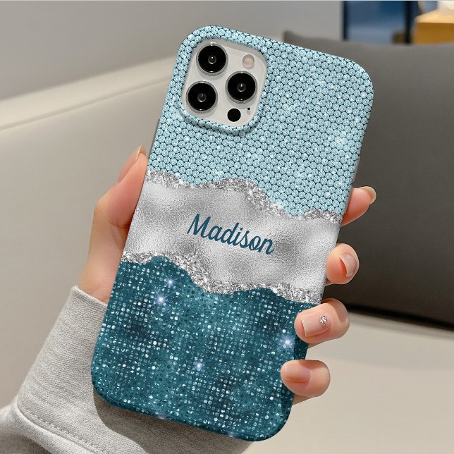 Chic girly teal mint green glitter silver monogram Case-Mate iPhone case (Creator Uploaded)