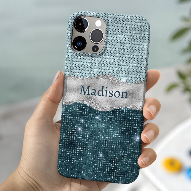 Chic girly teal mint green glitter silver monogram Case-Mate iPhone case (Creator Uploaded)