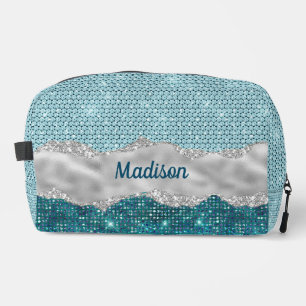 Chic girly teal mint green glitter silver monogram dopp kit