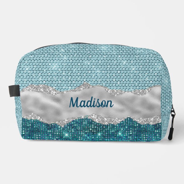 Chic girly teal mint green glitter silver monogram dopp kit (Front)